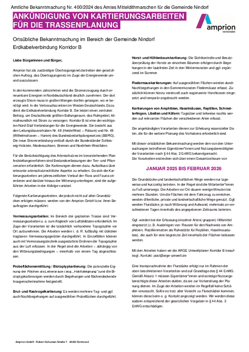 Nr. 400 Ortsübliche Bekanntmachung im Bereich der Gemeinde Nindorf Erdkabelverbindung Korridor B