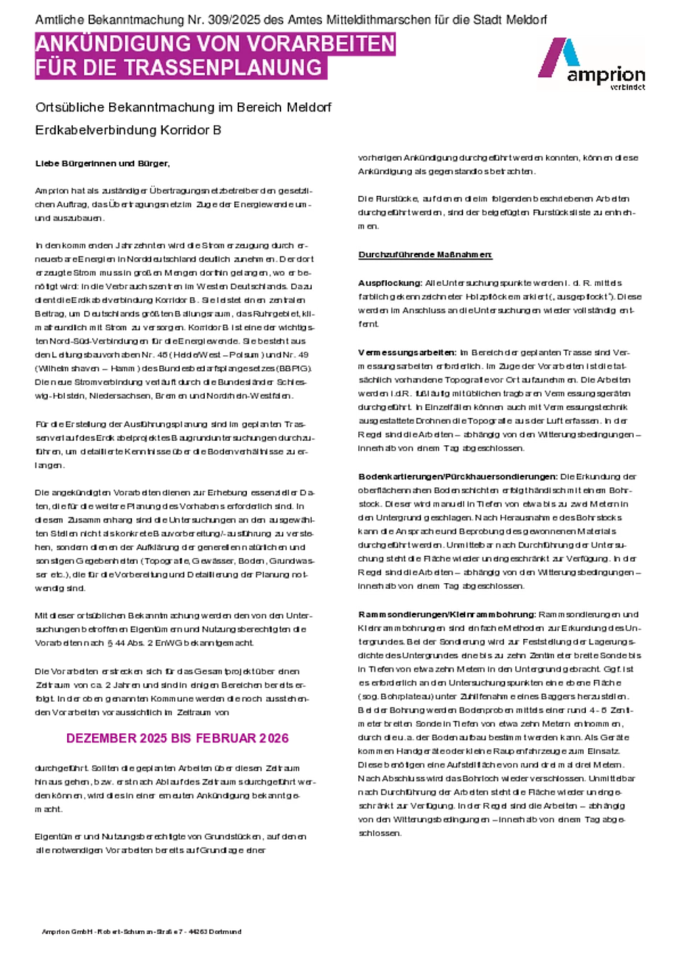 Nr. 309 Ankündigung von Vorarbeiten für die Trassenplanung