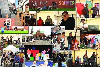 Zu sehen ist eine Collage von Bildern mit den Eindrücken von den Veranstaltungen in Meldorf im Rahmen des Dithmarscher Kultursommers 2021