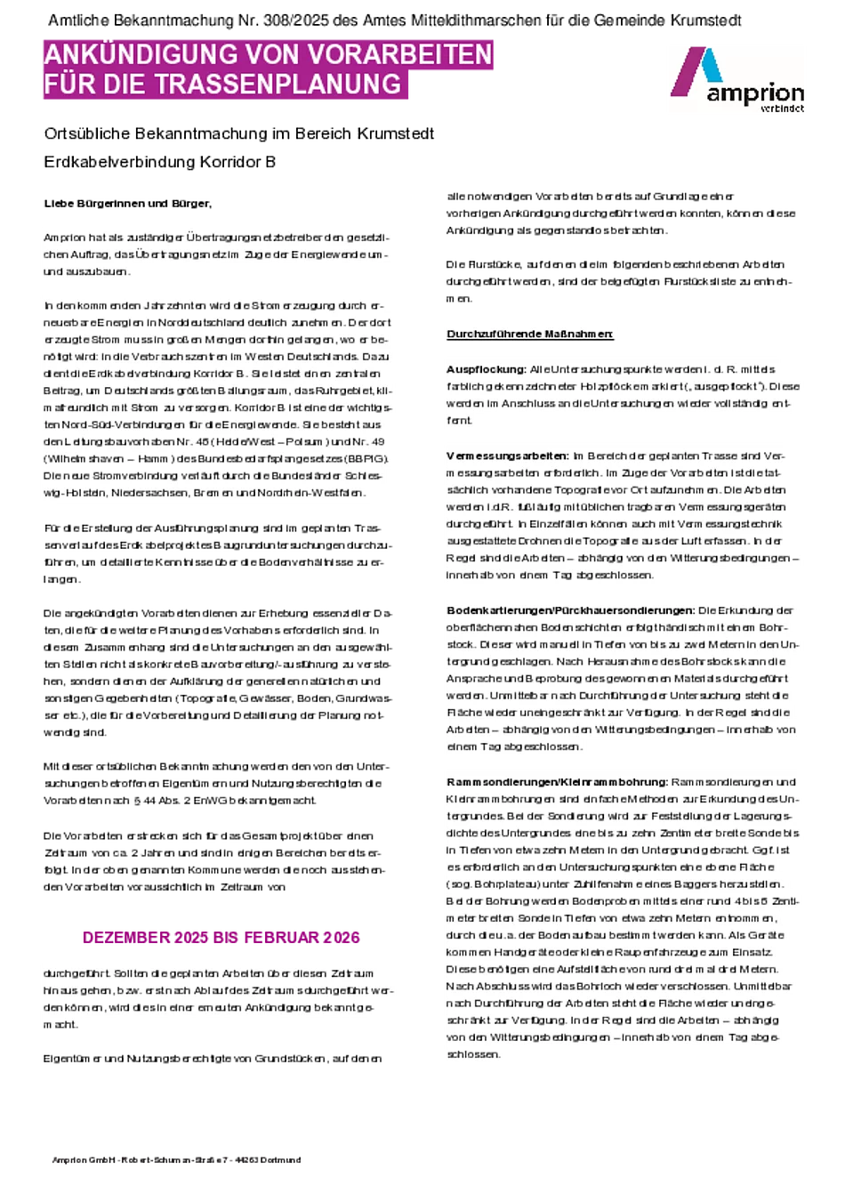 Nr. 308 Ankündigung von Vorarbeiten für die Trassenplanung